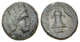 Greek
IONIA. Smyrna. (Circa 240-190 BC). Magistrate Symmachos
AE Bronze (14mm 2.35g)
Obv: Turreted head of Tyche to right
Rev: Thymiaterion; ΣΜΥΡ ...