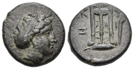 Greek
MYSIA. Kyzikos. (Circa 3rd century BC).
AE Bronze (18.8mm 5.45g)
Obv: Head of Kore Soteira right.
Rev: KY ZI. Tripod, monogram to right; bel...