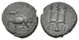 Greek
CARIA. Mylasa (Circa 210-30 BC)
AE Bronze (13.02mm 1.66g)
Obv: Horse prancing left
Rev: M - Y. Decorated trident.
SNG Copenhagen 421.