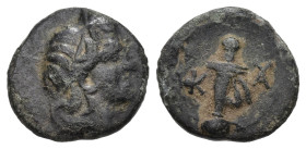 Greek
CARIA. Kaunos. (2nd century BC).
AE Bronze (11.4mm 1.09g)
Obv: Diademed head of Apollo right.
Rev: K - AY. Sword in sheath.
BMC 17; SNG Cop...