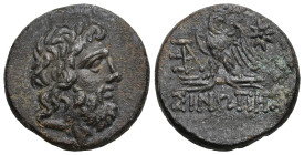 Greek
PAPHLAGONIA. Sinope. (Circa 95-90 or 80-70 BC). Struck under Mithradates VI Eupator.
AE Bronze (21.87mm 6.57g)
Obv: Laureate head of Zeus rig...