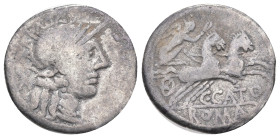 Roman Republican
C. Porcius Cato (123 BC).Rome
AR Denarius (19.68mm 3.79g)
Obv: Helmeted head of Roma to right; X behind
Rev: Victory driving biga...