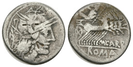 Roman Republican
M. Papirius Carbo (122 BC). Rome
AR Denarius (18.36mm 3.95g)
Obv: Helmeted head or Roma right, palm-branch behind, X beneath chin...