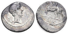 Roman Republican
Octavian (44-27 BC). Minted 43 BC in Gaul
AR Denarius (17.5mm 3.49g)
Obv: C CAESAR IMP, bare head of Octavian right
Rev: Horseman...