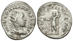 Romen Imperial
Philip II, Caesar (244-247 AD). Rome
AR Antoninianus (20.8mm 3.59g)
Obv: M IVL PHILLIPVS CAES. Radiate, draped and cuirassed bust ri...