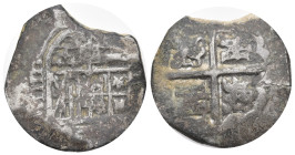 World
Spain
AR 4 reales (27.26mm 11.17g)
Obv: Crowned arms. Mintmark and initial at left. Value IIII at right. Legend around.
Rev: Cross with cast...