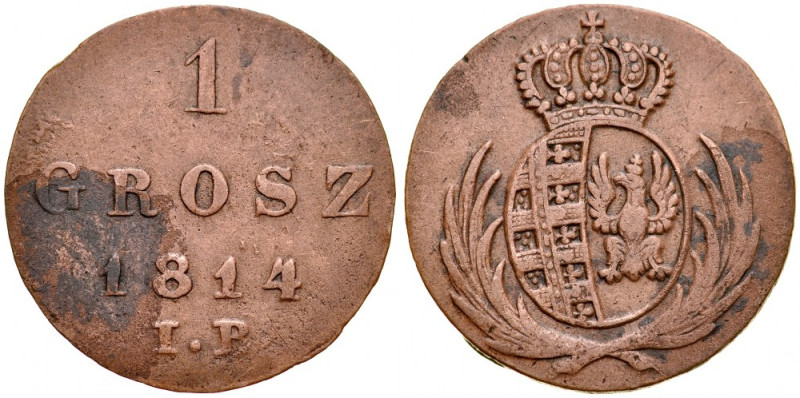 Księstwo Warszawskie, Grosz 1814 IB, Warszawa. Kop. 3675, Gum. 2461, atrakcyjna,...
