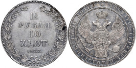 Zabór Rosyjski, Mikołaj I 1826-1855, 1 1/2 rubla, 10 złotych 1833 NG, St. Petersburg.