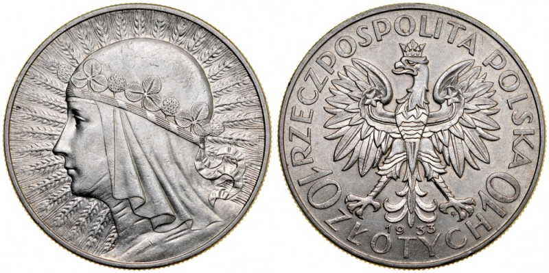 II RP, 10 złotych 1933, Głowa Kobiety, Warszawa. Parchimowicz 120c, atrakcyjna, ...