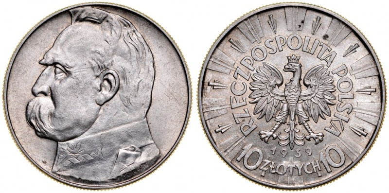 II RP, 10 złotych 1939, Piłsudski, Warszawa. Parchimowicz 124f, piękna sztuka. ...