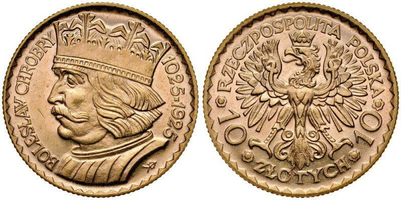 II RP, 10 złotych 1925, Chrobry, Warszawa. Parchimowicz 125, złoto 900, waga 3,2...