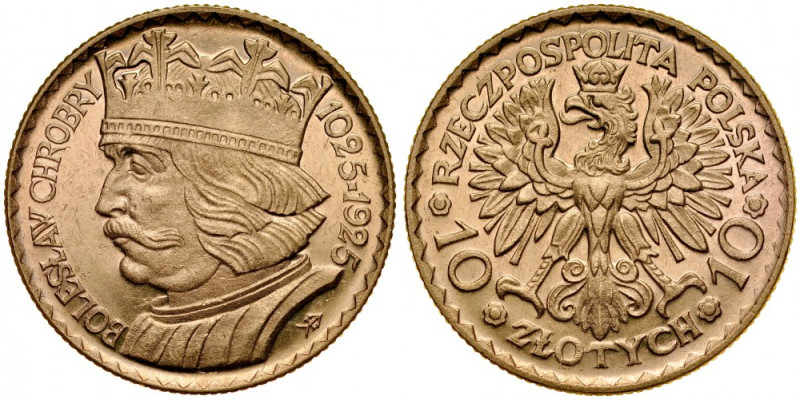 II RP, 10 złotych 1925, Chrobry, Warszawa. Parchimowicz 125, złoto 900, waga 3,2...