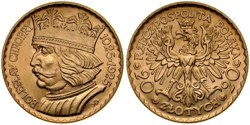 II RP, 20 złotych 1925, Chrobry, Warszawa. Parchimowicz 126, złoto 900, waga 6,4...