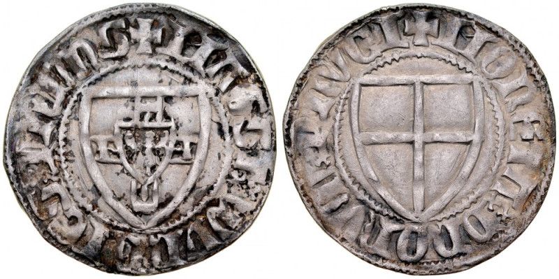 Konrad von Jungingen 1393-1407, Szeląg, Av.: Tarcza wielkiego mistrza, Rv.: Tarc...
