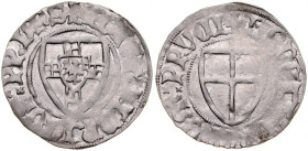 Henryk von Plauen 1410-1413, Szeląg, Av.: Tarcza wielkiego mistrza, Rv.: Tarcza krzyżacka, Malbork, Toruń.