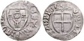 Henryk von Plauen 1410-1413, Szeląg, Av.: Tarcza wielkiego mistrza, Rv.: Tarcza krzyżacka, nad nią litera D, Gdańsk. RR..