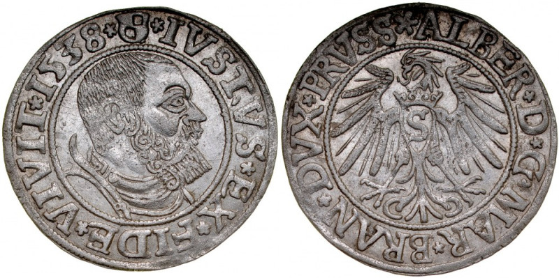 Prusy Książęce, Albrecht Hohenzollern 1525-1568, Grosz 1538, Królewiec. Kop. 377...