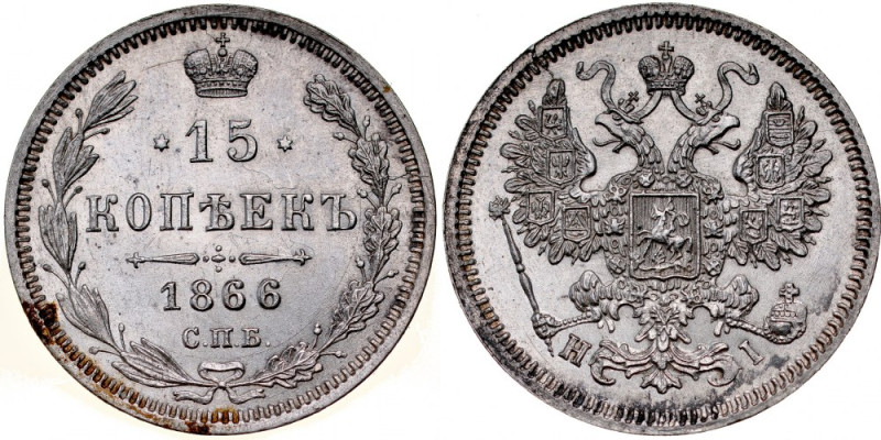 Rosja, Aleksander II 1855-1881, 15 kopiejek 1866 H-I, St. Petersburg, RR. Bitkin...