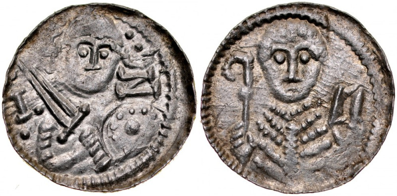 Władysław II Wygnaniec 1138-1146, Denar, Av.: Książę w hełmie trzyma miecze i ta...