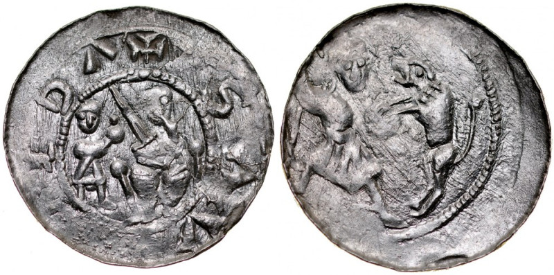 Władysław II Wygnaniec 1138-1146, Denar, Av.: Książę z poddanym, Rv.: Walka z lw...