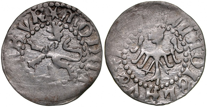 Władysław Jagiełło 1386-1434, Półgrosz lwowski, Av.: Kroczący lew, Rv.: Orzeł ja...