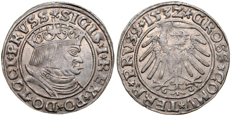 Zygmunt I Stary 1506-1548, Grosz 1532, Toruń. Kop. 3087, Gum. 528, tło z pięknym...