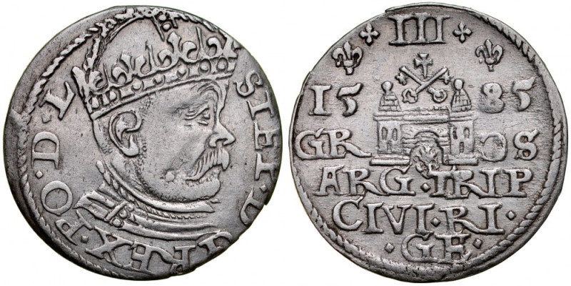 Stefan Batory 1576-1586, Trojak 1585, Ryga. Kop. 8095 R5- lilie ponad datą, Iger...