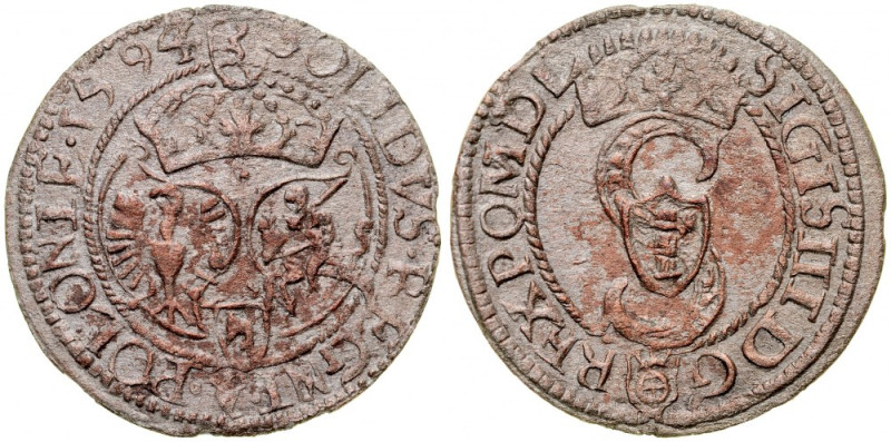 Zygmunt III 1587-1632, Szeląg 1594, Olkusz. R Kop. 631 R4, Gum. 847, rzadki szel...