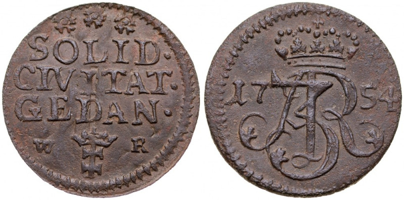 August III 1733-1763, Szeląg 1754 W-R, Gdańsk. Kop. 7716 R4, Gum 2201, ładnie sp...