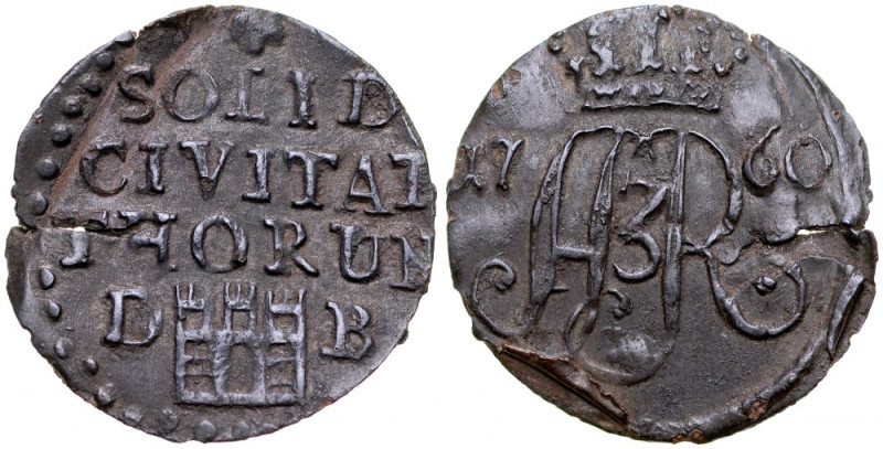 August III 1733-1763, Szeląg 1760 D-B, Toruń. Kop. 8378,&nbsp;Gum 2229, ostry re...