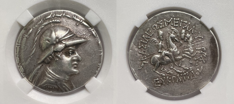 Eukratides, Baktrian king, 171-135 BC. AR tetradrachm.
Diademed and helmeted bus...