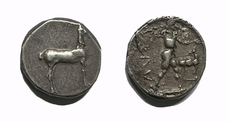 BRUTTIUM, Kaulonia. Circa 475-425 BC. AR Nomos (19mm, 7.88 g, 1h). Apollo advanc...
