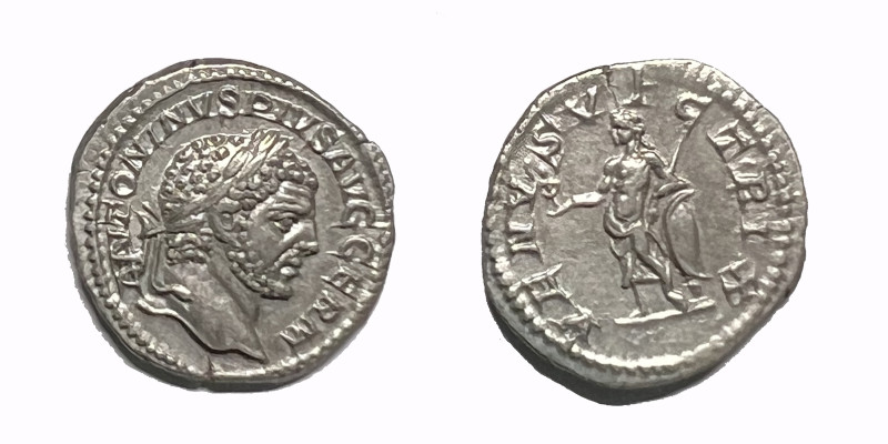 RÖMISCHE KAISERZEIT. Denarius (2,73 g), Roma, 213-217 n. Chr. Kopf mit Lorbeerkr...