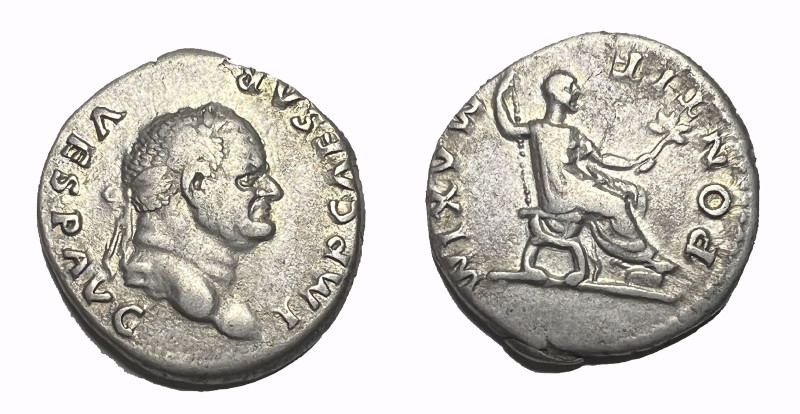 Vespasian, 69-79 Denarius Rome 74, AR 18.00 mm., 3.43 g.
Laureate head r. Rev. V...