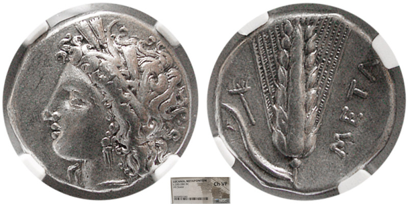 LUCANIA, Metapontum. Circa 330-280 BC. AR Stater. NGC-Choice VF. Wreathed head o...