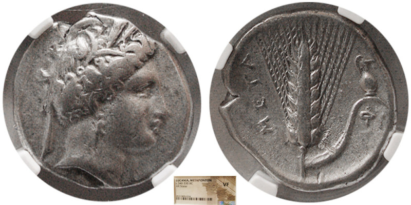 LUCANIA. Metapontum. Circa 340-330 BC. AR Stater. NGC-VF. Head of Demeter to rig...