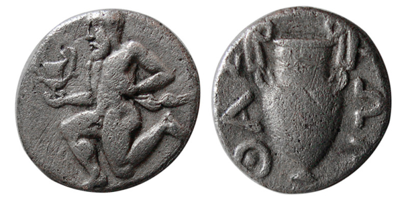 THRACE, Thasos, Circa 411-350 BC. AR Obol (0.87 gm; 10 mm). Satyr kneeling left ...