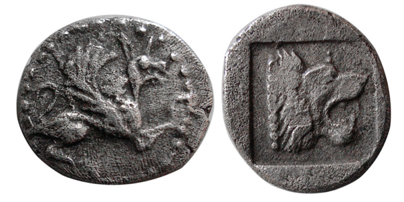 TROAS, Assos. Circa 500-450 BC. AR Obol (0.84 gm; 10 mm). Griffin right / Head o...