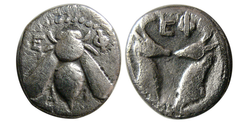 IONIA, Ephesos, 390-330 BC. AR Diobol (0.95 gm; 10 mm). E-Φ, Bee, Rv. EΦ, Heads ...