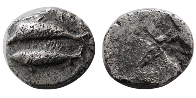 MYSIA, Kyzikos. Circa 550-500 BC. AR Obol (0.59 gm; 9 mm). Two tunny fish swimmi...