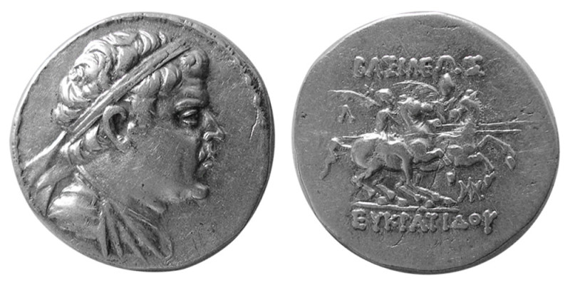 KINGS of BACTRIA. Eukratides I. ca. 171-145 BC. Silver Drachm (4.24 gm; 19 mm). ...
