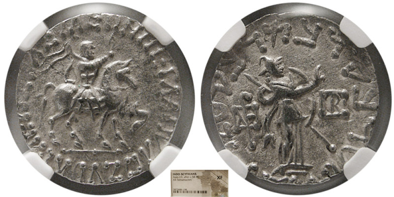 INDO-SCYTHIANS, Azes I / II. after 58 BC. AR Tetradrachm. NGC-XF. Obv: King on h...