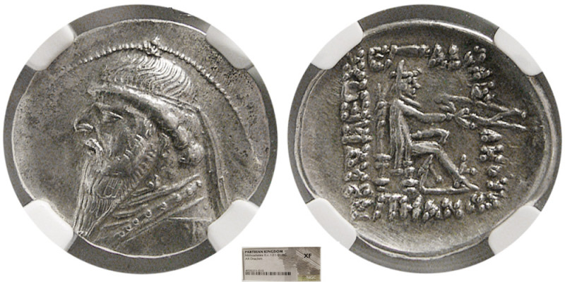 KINGS of PARTHIA. Mithradates II, 121-91 BC. AR Drachm. NGC-XF. Diademed bust le...
