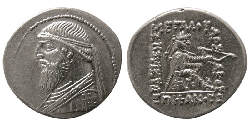 PARTHIAN KINGS. Mithradates II. 121-91 BC. AR Drachm (3.79 gm; 20 mm). Diademed ...