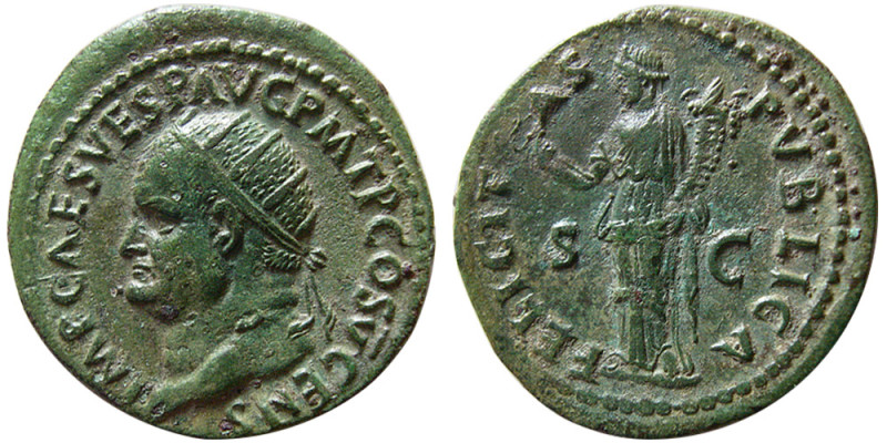 ROMAN EMPIRE, Vespasian, 69-79 AD. Æ Dupondius (12.85 gm; 28 mm). Rome, AD 74. I...