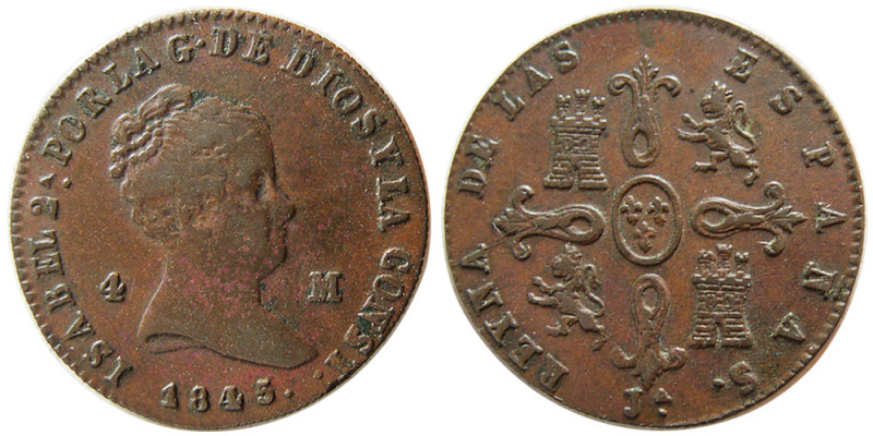 SPAIN, Isabel II, Jubia. 1845, Æ 4 Maravedis (4.72 gm; 23 mm). dated 1845 JA. KM...
