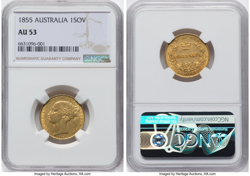 Victoria gold Sovereign 1855-SYDNEY AU53 NGC, Sydney mint, KM2, Marsh-A360 (R). ...