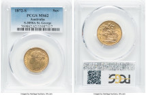 Victoria gold "St. George" Sovereign 1872-S MS62 PCGS, Sydney mint, KM7, S-3858A. Horse with long tail. A lovely Mint State piece with appreciable lus...