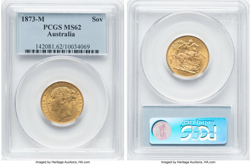 Victoria gold "St. George" Sovereign 1873-M MS62 PCGS, Melbourne mint, KM7, S-38...