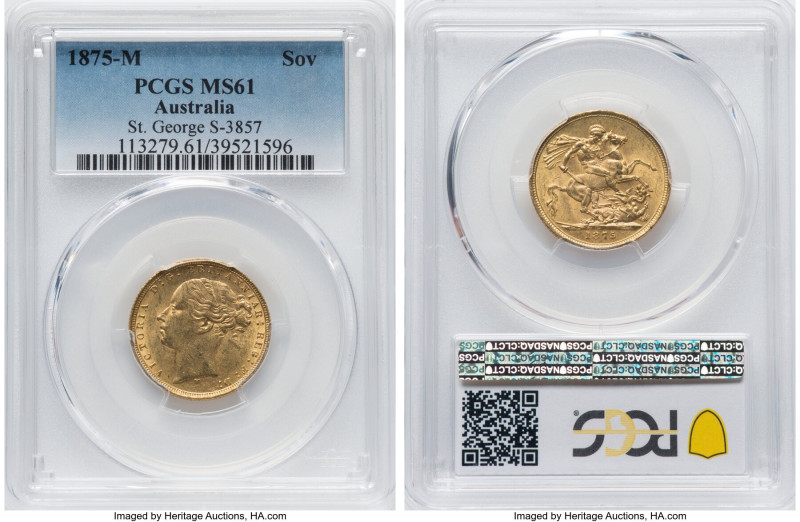 Victoria gold "St. George" Sovereign 1875-M MS61 PCGS, Melbourne mint, KM7, S-38...